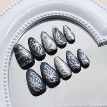 Chrome Glitter Press-On Nails - 30Pcs Goth Y2K Medium Almond, Silver Alloy 3D Design, Full Cover Glue-On - Móng tay giả phong cách Goth-4 - Xem 4