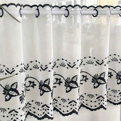 1 stuk minimalistisch wit bloemenkanten gordijn met roedezakken, klein raamgordijn, transparant voile gordijnpaneel, koffiekleurig gordijn, kamerverdeler, vakantiedecoratie, 130 g/m² transparante stof