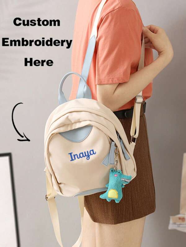 Mochila mini personalizada con bordado y bloques de color, con llavero de dinosaurio de dibujos animados, mochila de viaje de moda para niñas, bolso de hombro ligero y casual para el trabajo, la escuela, el uso diario y los fines de semana