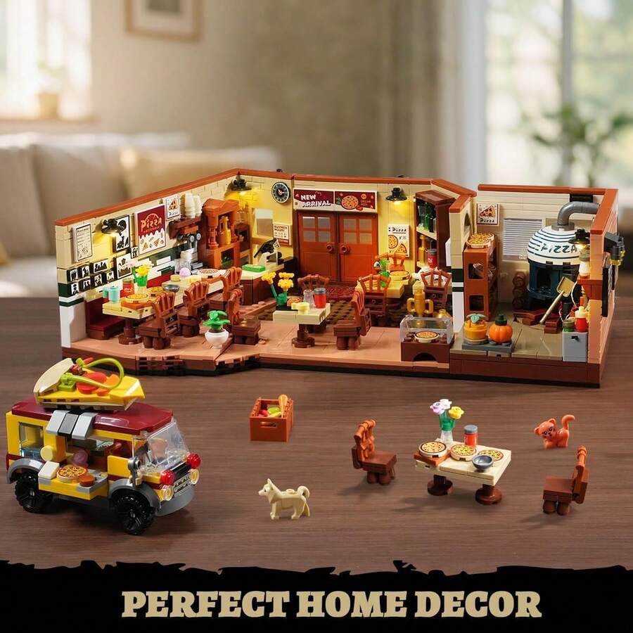 Street Pizza Restaurant Building Set, Pizzeria House Architecture Model With Retro Pizza Van, Home Decor Construction Building Block Gift For Adults Teens Boys Girls 12+ (1098PCS) - 彩色 - 查看 1