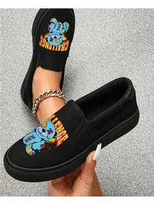 Tenis casuales para mujer, estampado gráfico urbano, punta redonda, sin cordones, suela plana, estilo streetwear para uso diario y salidas