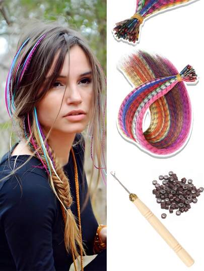Colored Hair Feathers Extension Kit For Women 13 Colors Long Straight Synthetic Hair Feather Silicone Lined Micro Ring Crochet Hook And For Cosplay Party