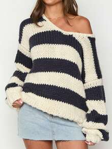 Women Oversized Striped Sweater Color Block Knit Long Sleeve Drop Shoulder Loose Pullover Tops Y2K Preppy Fall Winter Jumper - Navy Blue - View 4