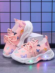 MGO Kidss Dziecięce buty sportowe MGO z nadrukiem motyli i świecącą diodą LED Princess, dziewczęce trampki sportowe, buty do biegania, codzienne buty sportowe, tenisówki, oddychająca dzianina, odpowiednie dla dziewczynek w wieku 1-6-9 lat, wiosna/jesień