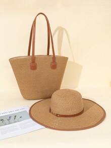 2 件套女士草编手提包和宽边草帽，新款草编防晒帽和草编单肩包沙滩手提包，适合夏季户外旅行度假 - 卡其色 - 查看 1