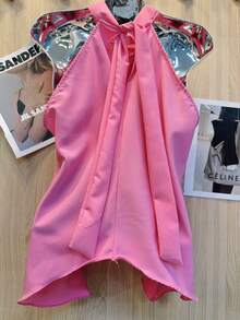 Women's Cropped Blouse With Tie At The Neck - Baby Pink - View 2