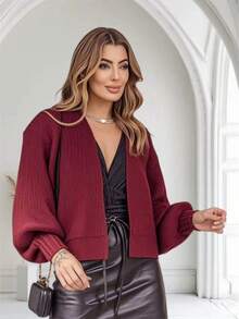 Women's Knitted Winter Coat With Puff Sleeves, Simple, Knitted - Burgundy - View 1