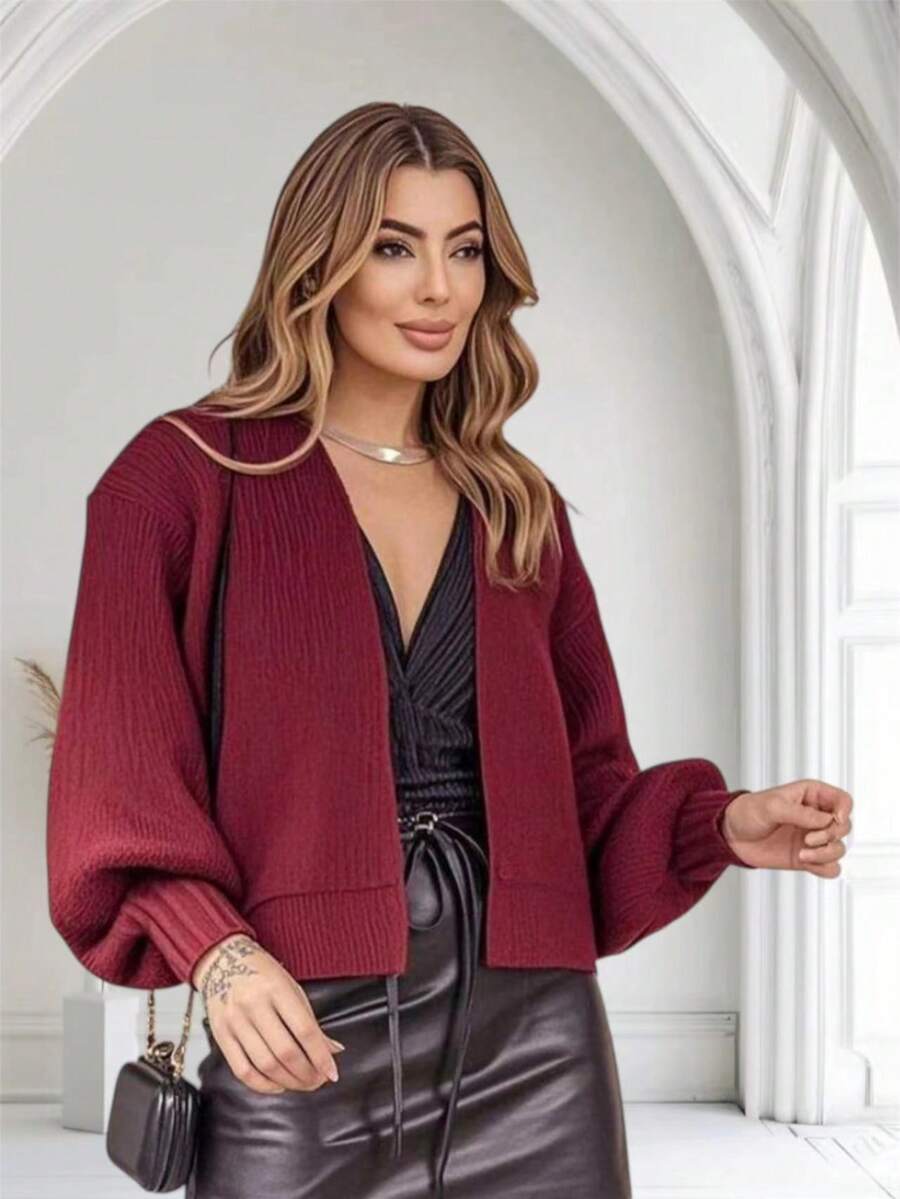 Women's Knitted Winter Coat With Puff Sleeves, Simple, Knitted - Burgundy - View 1