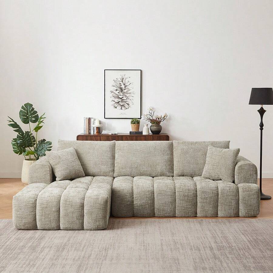 YOGLAD L-Shaped Sectional Sofa With Chaise, Boneless Sofa With Modern Minimalist Design, Chenille Fabric Luxury Modular Sofa Couch For Living Room, No Assembly Required, Convertible Sleeper Sofa Bed, Plush Sponge & Pocket Spring Support, Soft Cloud Couch, Apartment Furniture, Khaki - Khaki (Left Facing Chaise) - 查看 1