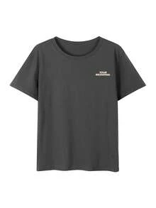 女士休闲宽松百搭舒适个性字母印花圆领 T 恤上衣 - 深灰 - 查看 6