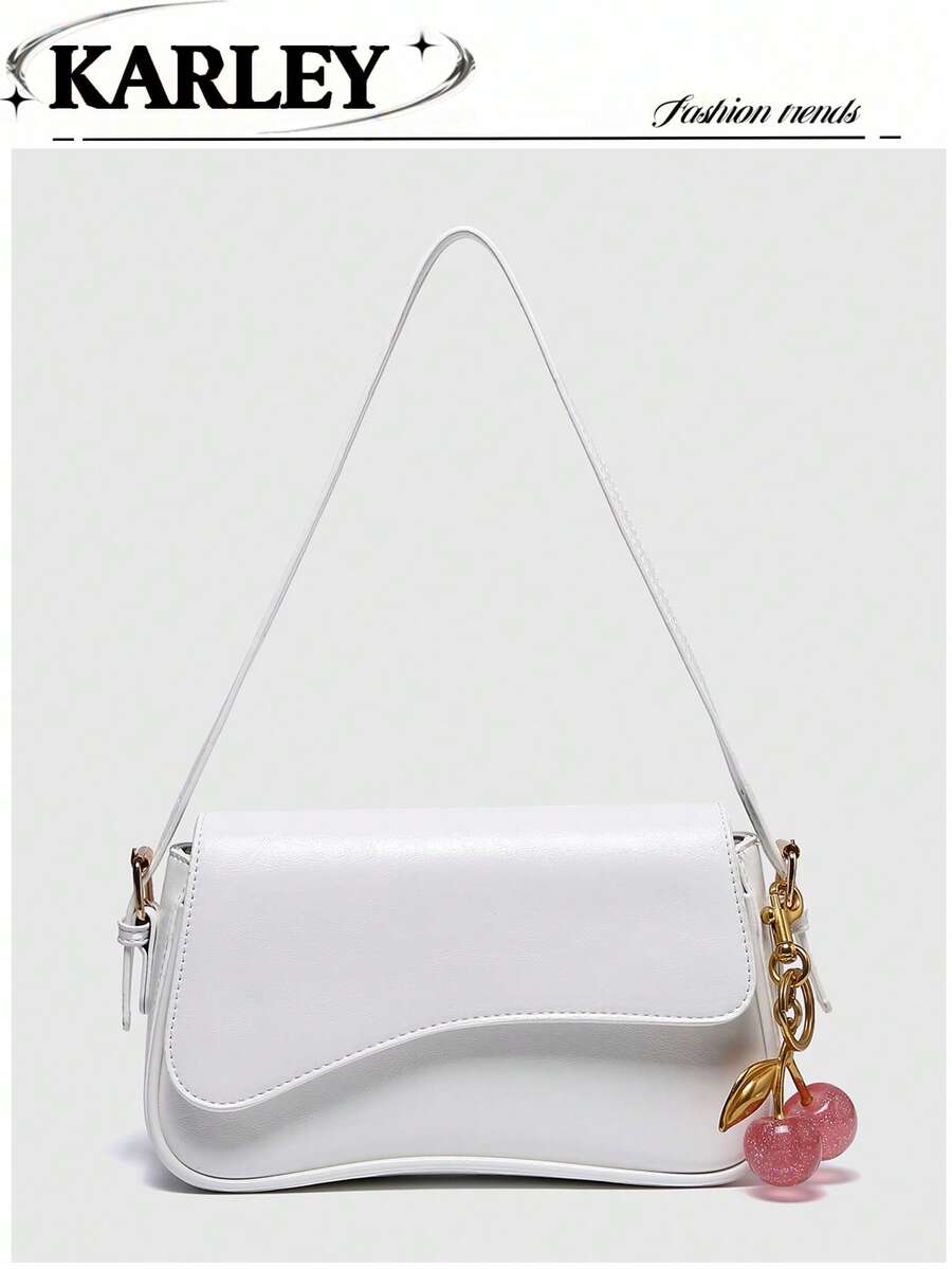 1 件 PU 皮革女士单肩包，勃艮第方形包，多功能漆皮小包，Y2K 坏蛋包，腋下包，时尚斜挎包，配有樱桃吊饰 - 白色 - 查看 1