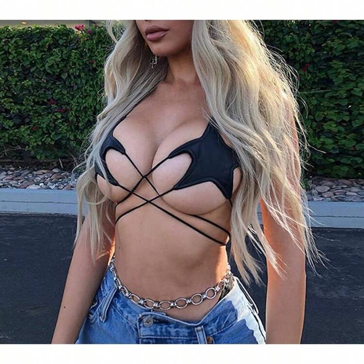 Top corto envolvente con tirantes para mujer, sujetador tipo bralette, ideal para rave y baile - Negro - Añade 7
