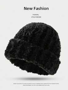 女士厚保暖内衬人造毛皮护耳针织帽，百搭休闲涤纶柔软无檐便帽，秋冬 - 帽子 - 查看 11