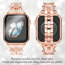 1pc Watch Band Women Fashion Metal Crystal Butterfly Wrist Strap For 38mm 40mm 41mm 42mm 44mm 45mm 46mm 49mm Luxury Silver Stainless Steel Watchband Compatible With Apple Watch Series 10 Ultra 9 8 7 Se 6 5 4 3 2 1,Fashion Apple Watch Bands