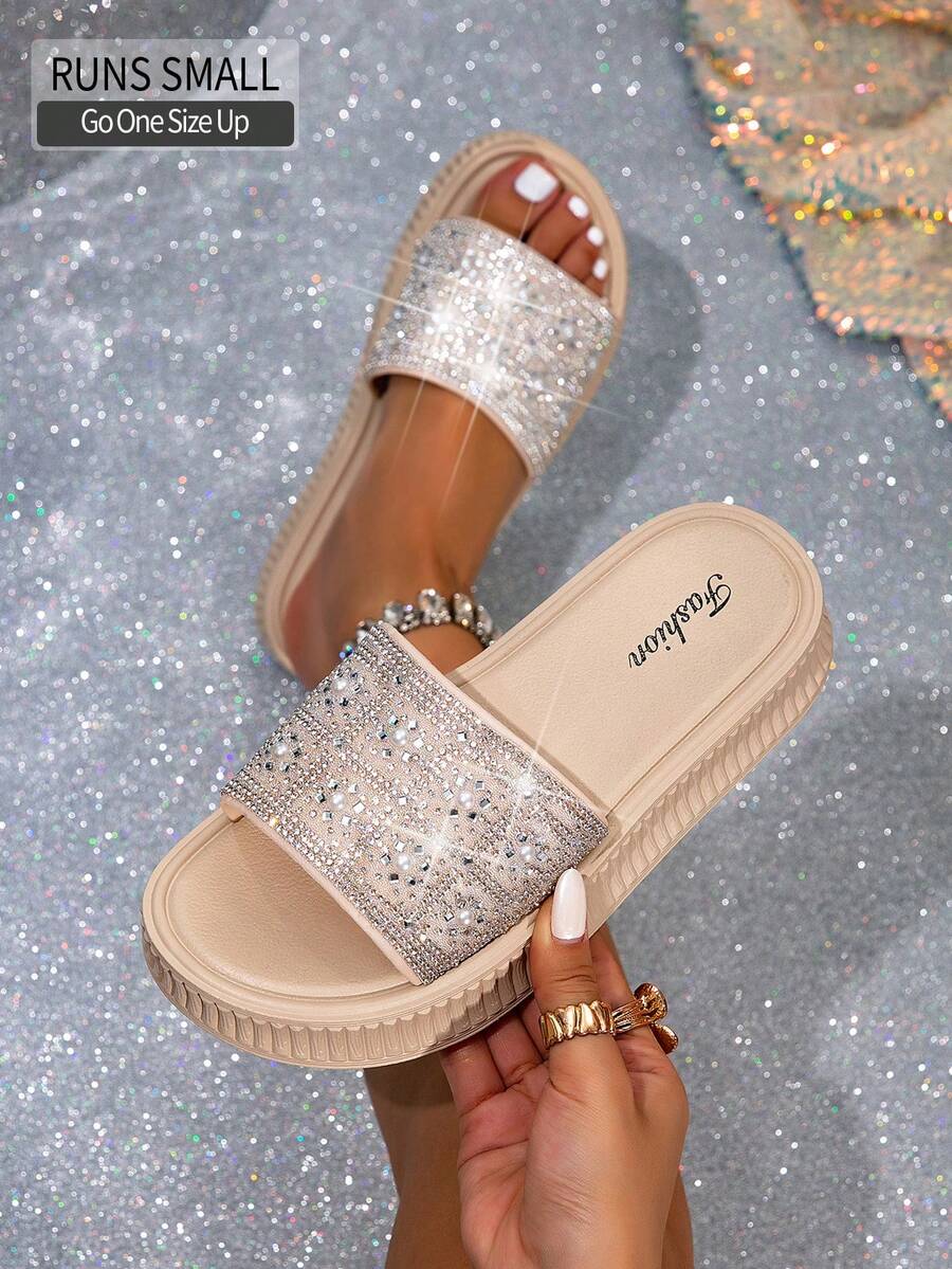 A Pair Of 2026 New Women's Summer Fashion Sparkling Diamond Slippers, Worn On The Outside, Flat Bottomed Flat One Line Sponge Cake Thick Bottom One Line Slippers - Apricot - View 1