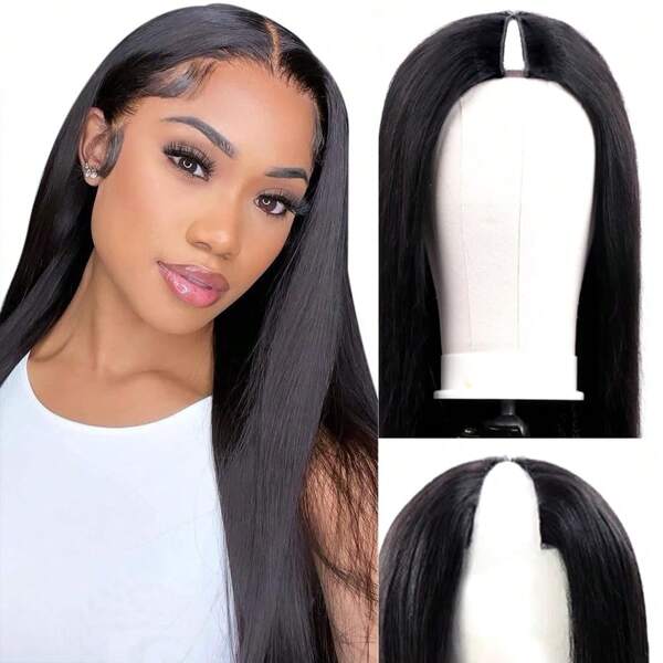 V Part Wig Human Hair Straight Human Hair Wigs Upgrade U Part Human Hair Wig For Women No Leave Out No Sew In 180% Density Natural Color 32 Inch