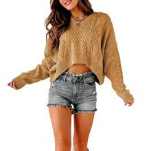 Women V Neck Cropped Sweater Long Sleeve Cable Knit Oversized Pullover Top