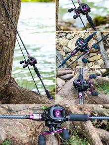SOUGAYILANG Combo canna da pesca e mulinello, canna in fibra di carbonio a 2 sezioni da 1,8 m, mulinello baitcasting, bobina in alluminio liscio, rapporto di ingranaggi ad alta velocità 7,2:1, con filo da pesca in nylon, esche da pesca e accessori, ambidestro, media potenza (le specifiche del filo da pesca e gli stili e i colori degli accessori sono casuali) - Viola - Visualizzare 9