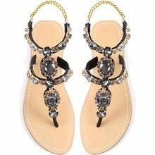 2025 ZhuLinFeng Women'S Rhinestone Gladiator Sandals Flat Wedding Sandals Gem Pearl Sparkling Bridal Bridesmaid Sandals Blue Bohemian Sandals Popular Shoes. - 黑色 - 查看 3