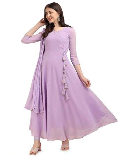 Estationeryhouse Women's Georgette Anarkali Kurta Kurti With Dupatta (Bottoms Not Included) (Lilac)
