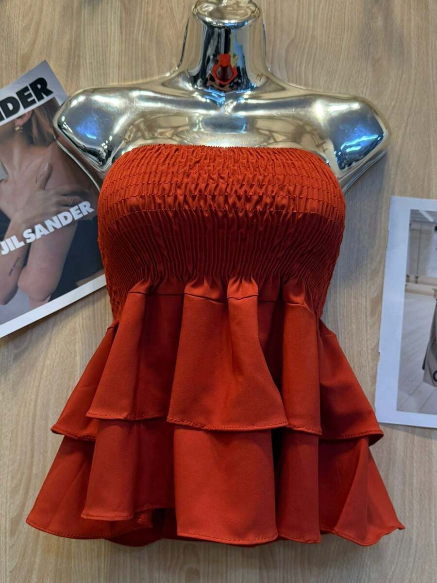 Cropped Elastic Blouse With Ruffle - Red - View 1