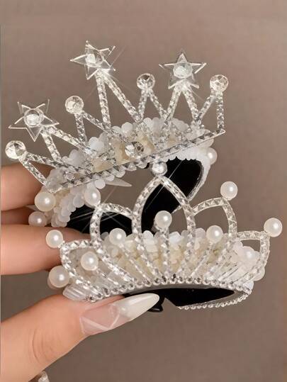 2pcs Kids Pearl Crown Bun Holder Hair Clips, Princess Ponytail Hairstyle Accessories, Suitable For Daily Wear