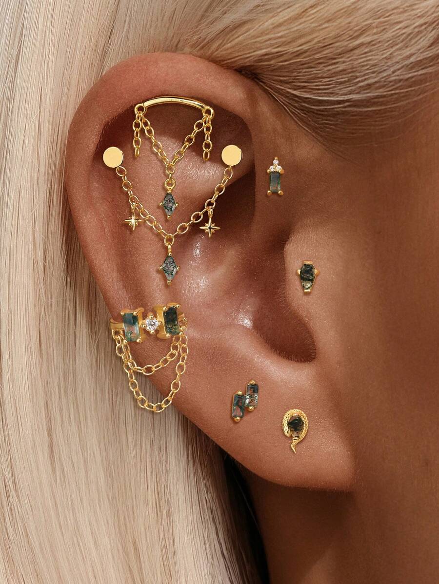 1pc 925 Sterling Silver Moss Agate Snake Shape Internally Threaded Flatback Labret Tragus Stud Conch Earring Tragus Helix Cartilage Piercing Gift For Her