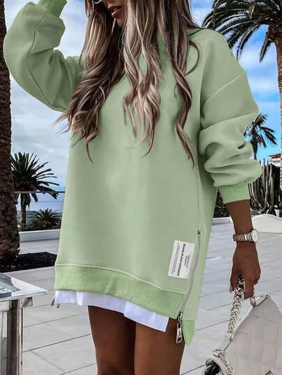 ChicMe Dam Rund halsringning Långärmad Pullover Klänning Dragkedja Slits Design Imiterad Tvådelad Enfärgad Casual Oversize Outfit För Daglig Gata