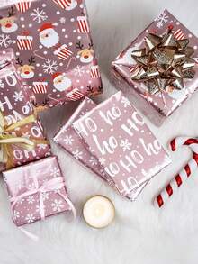 1 卷圣诞包装纸迷你卷，粉色金属箔闪亮纸 - 雪花/圣诞老人/HO 印花礼品包装，艺术手工艺品，适合寒假假期、家庭聚会、圣诞节设计礼品包装纸、圣诞派对用品 - 粉色 - 查看 3