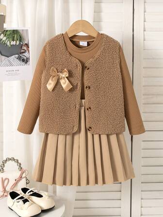 3 件套女童休闲套装：纯色蝴蝶结装饰背心、长袖 T 恤和百褶迷你裙，春秋季