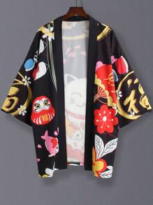 卡通招财猫可爱喜庆大红色披肩领轻便和服式开衫，宽松 3/4 袖，夏季休闲沙滩装轻便和服外套，适合节日/节日/派对