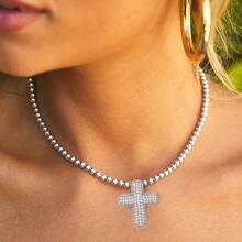 1 Pc Luxury Simple Cubic Zirconia Bubble Cross Necklace, Exquisite Gold Cross Necklace Clavicle Chain, Suitable For Women/Girls Daily Wear