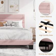 Full Platform Bed Frame With Velvet Upholstered Headboard, Mattress Foundation With Strong Wooden Slats Support, No Box Spring Needed, Pink Camas Queen Modernas