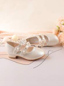 Flower Girl Shoes For Wedding, Party, Holiday, Suitable For Toddler, Little & Big Girls, Classic Comfortable Versatile White & Champagne Floral Pearl Embellished Dress Shoes, Formal Occasion, Recital, Ballet, Princess Style - Champagne - View 7