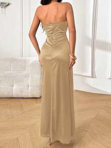 WOWDARK Champagne V-Neck Belted High Slit Elegant Party Dress, Suitable For Valentine's Day, Dates, Gatherings, Parties, Travel, Vacation, Beach And Other Occasions - Champagne - View 9