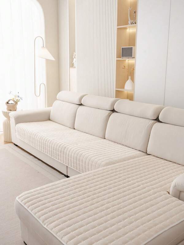 1pc Veet Washable Anti-Slip Sectional Sofa Cover For 3-Cushion L-Shaped Couches With Quilted Design, Magnetic Closure & Pet-Friendly Protection - Plush Grey Sofa Slipcover