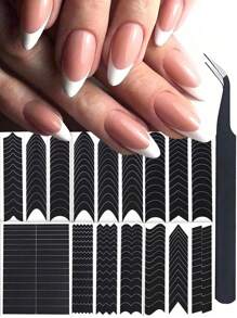 6 Sheets 234pcs/1 Sheet 39pcs Simple French Nail Art Stickers Moon V Design Self-Adhesive French Tip Nail Guides DIY Base French Manicure Decoration Template Tools
