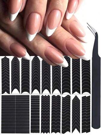6张234件/1张39件简约法式美甲贴纸月亮V形设计自粘法式美甲指南DIY基础法式美甲装饰模板工具