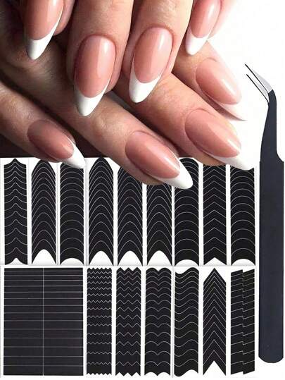 6 hojas 234 piezas/1 hoja 39 piezas Pegatinas de arte de uñas francesas sencillas con diseño de luna y V, autoadhesivas, guías para manicura francesa DIY, herramientas de decoración de plantillas para manicura francesa
