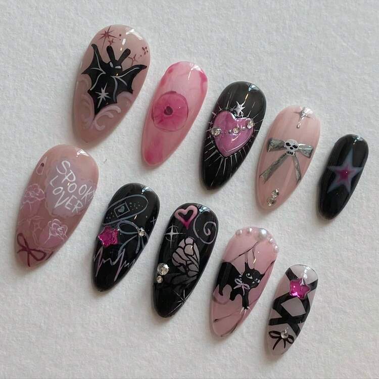 Chrome Glitter Press-On Nails - 30Pcs Goth Y2K Medium Almond, Silver Alloy 3D Design, Full Cover Glue-On - Goth Fake Nails-16 - View 1