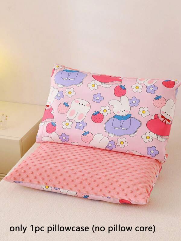 1pc Pillowcase (Without Pillow Insert), Cartoon Animal, Strawberry, Floral Print, Front 100% Cotton, Reverse Warm & Soft Dotted Fleece, Reversible, Zipper Removable, Machine Washable, Suitable For Children & Teenagers, All Seasons, Multiple Cartoon Designs