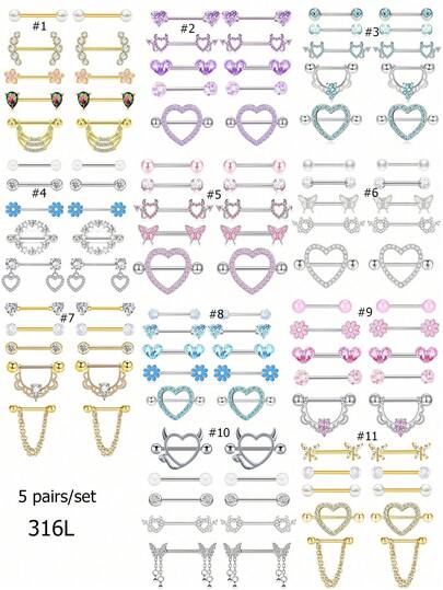 10 件/套性感可爱粉色乳头环不锈钢镀金蝴蝶链花 14G 乳头穿孔首饰女士乳头杠铃环心形乳头钉适合约会派对佩戴情人节、妈妈、母亲、母亲节、礼物