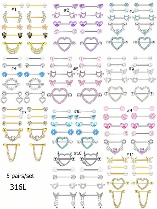 10pcs/Set Sexy Cute Pink Nipple Rings Stainless Steel Gold Plated Butterfly Chain Flower 14G Nipple Piercing Jewelry For Women Nipple Barbell Rings Heart Nipple Stud For Dating Party Wear Valentines,Mom,Mother,Mother's Day,Gift