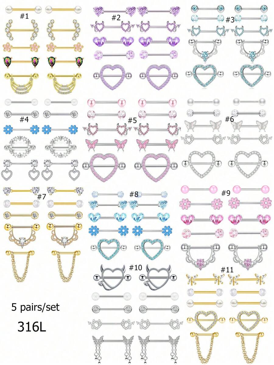 Set de 10 piezas de joyería de piercing de pezón de acero inoxidable chapado en oro con diseños de mariposa, cadena y flor de 14G, aros y piezas de pezón con forma de corazón, para uso en citas, fiestas, Día de la Madre, regalo