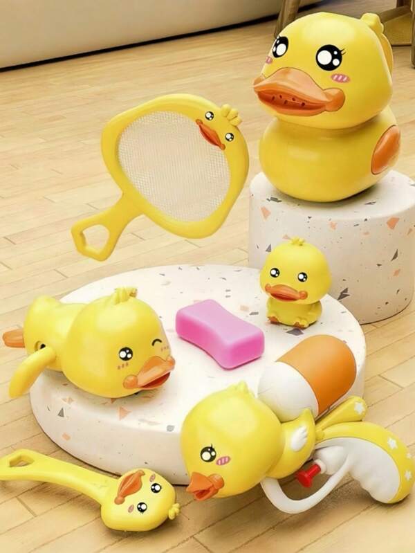 Set de 8 juguetes de baño para bebé, que incluye pato amarillo pequeño, pistola de agua, red de pesca, pato nadador, ducha, jabón, cepillo suave, aro de natación, juguetes de pato