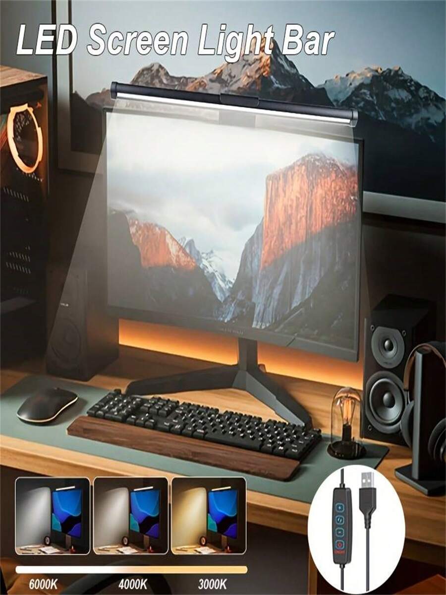1 pieza Lámpara de pantalla inteligente, Barra de luz LED regulable para pantalla, Barra de luz LED para pantalla de laptop ajustable a 3 colores, Barra de luz para monitor de pantalla para el hogar/oficina - Tres colores de luz - Ver 1