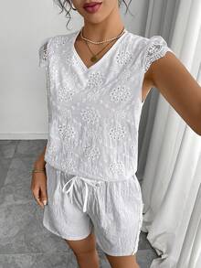 Elegaris Women's Elegant White V-Neck Embroidered Lace Patchwork Ruffle Hem Blouse, Bohemian Style, White Lace Trim, Best Choice For Spring And Summer - White - View 4