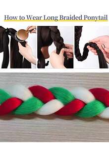 26 Inch High-Temperature Fiber Straight Hair With Elastic Tie, Holiday Red/White/Green Wrap Design, Seasonal Hair Accessory | Fashionable Hair Extensions | Glossy Hair Extensions, Rainbow Ponytail Extensions
