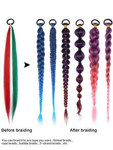 26 Inch High-Temperature Fiber Straight Hair With Elastic Tie, Holiday Red/White/Green Wrap Design, Seasonal Hair Accessory | Fashionable Hair Extensions | Glossy Hair Extensions, Rainbow Ponytail Extensions