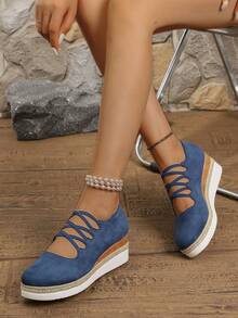 女士春夏新款休闲扣鞋，米色面料时尚百搭编织轻质鞋底，派对/婚礼女士厚底坡跟低帮鞋 - 寶藍色 - 查看 1